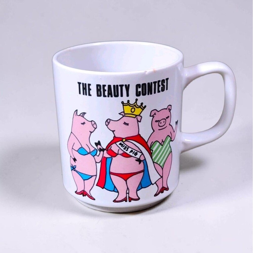 Vintage Japan Ceramic Pig Mug Beauty Contest Novelty Kitsch Farmhouse Cottage